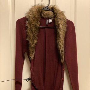 Fur-lined cardigan w/ belt